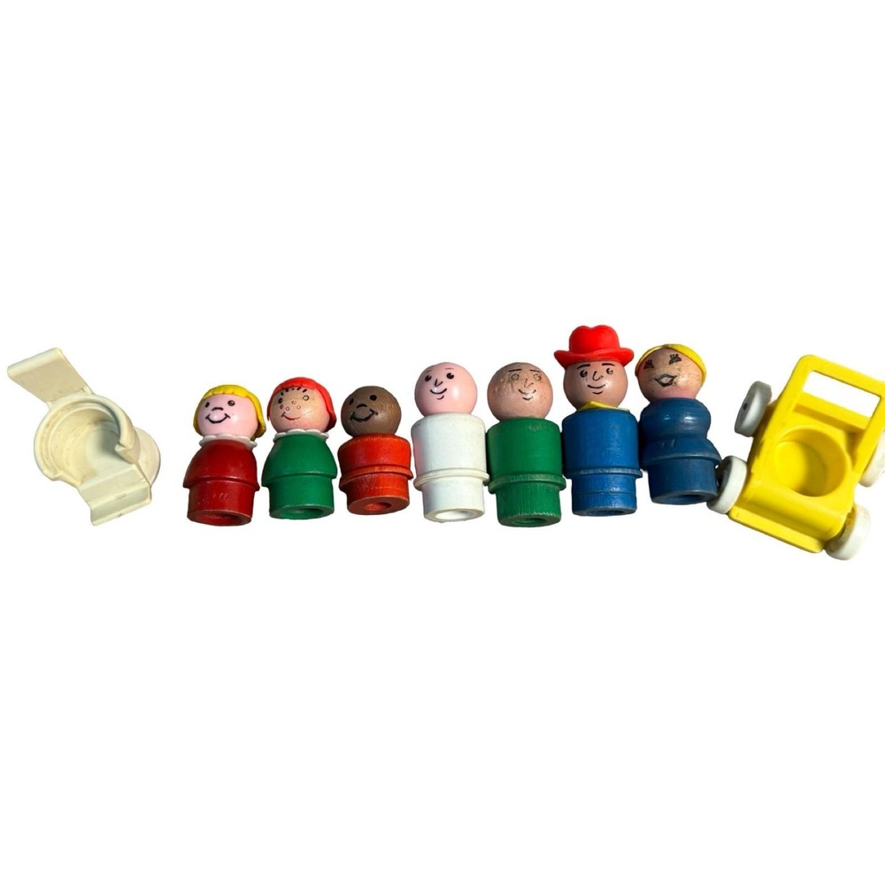 Vintage Fisher-Price Peg Doll Family Set Stroller Barber Chair Wood Plastic 70's